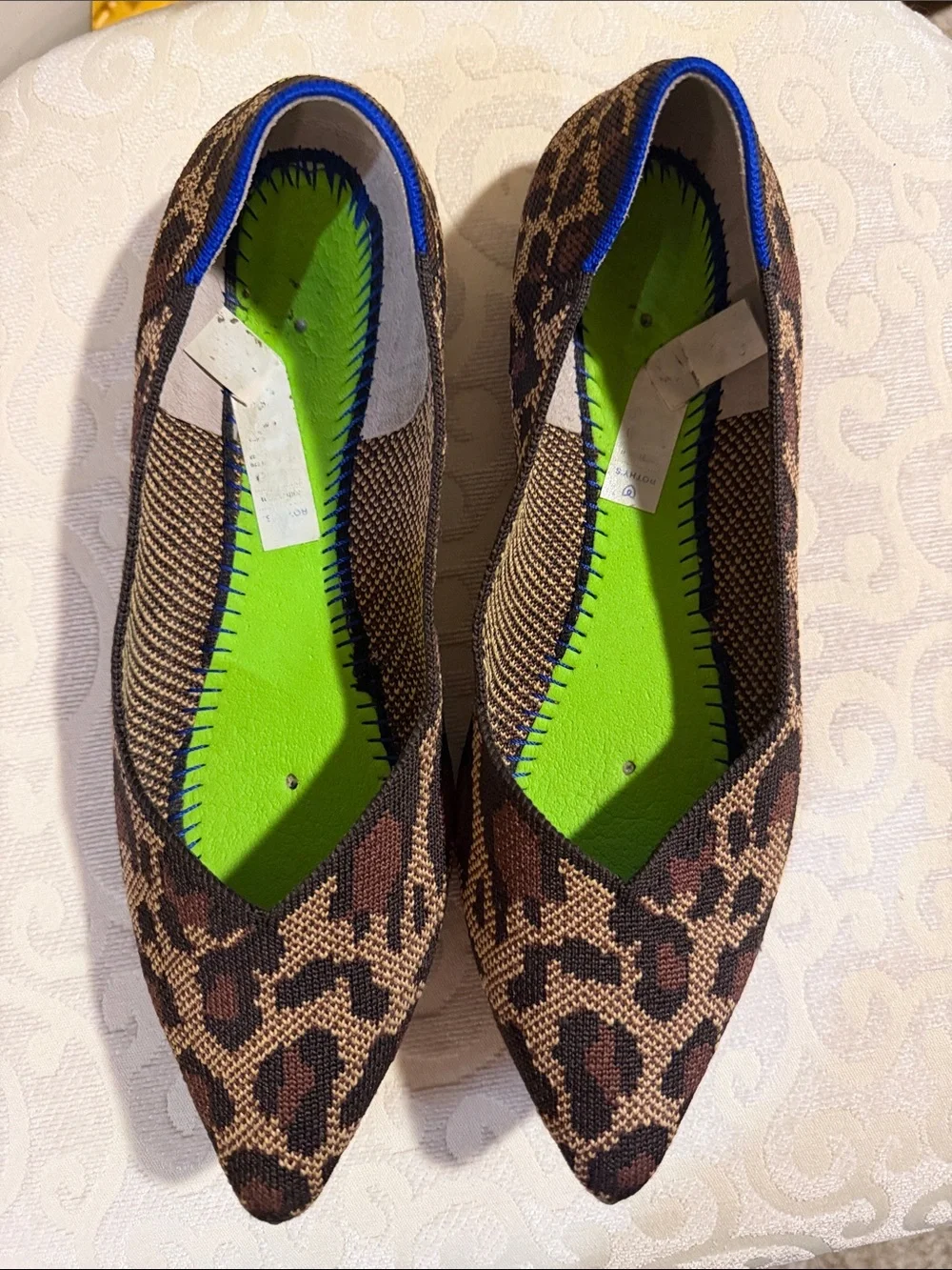 Rothy's Leopard-Print Pointed-Toe Flats with Neon Green Insole